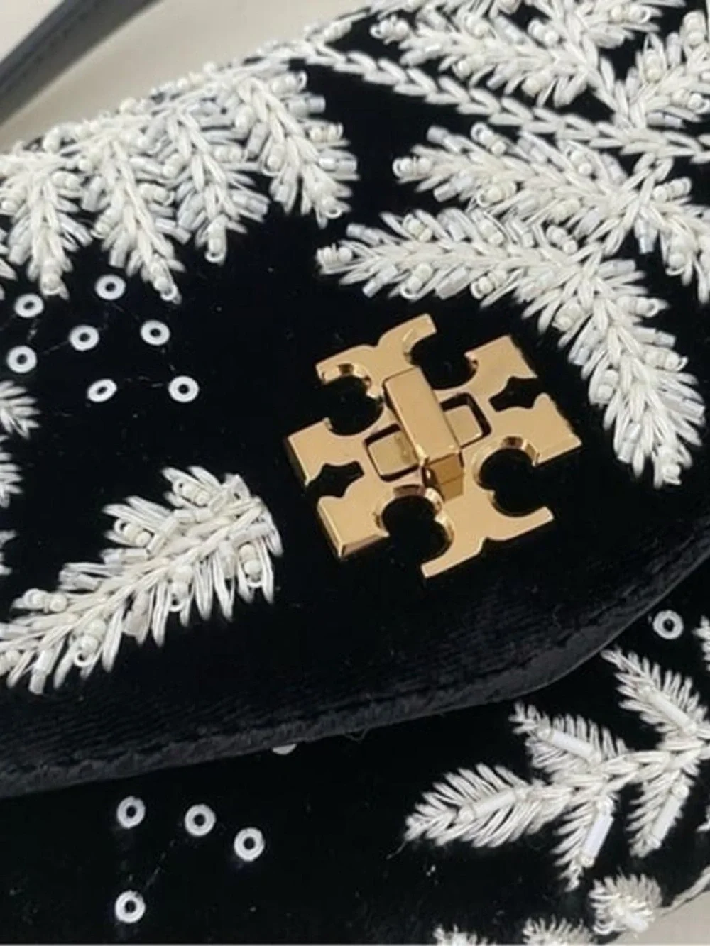 Tory Burch Black Velvet Crossbody with White Fern Embroidery & Gold Chain Strap